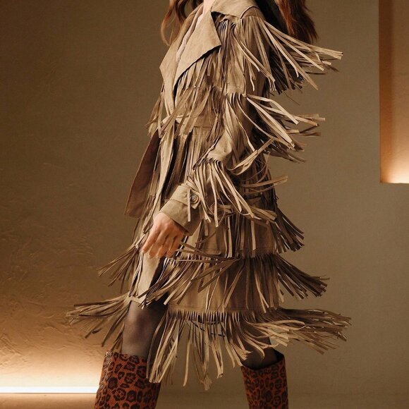 Jackets & Blazers - Camel Party Women's Lapel Necklong Sleeve Fringe Design Jacket